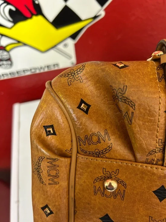 MCM Cognac Logo Visetos Barrel Satchel with Gold Plaque - Picture 14 of 14